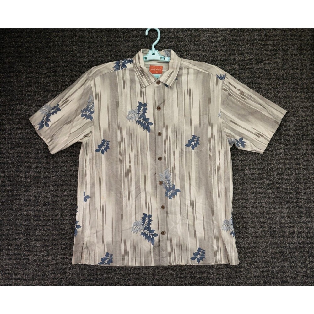 Tommy Bahama Shirt Mens Large Beige Floral Geometric Print Silk Hawaiian Beach